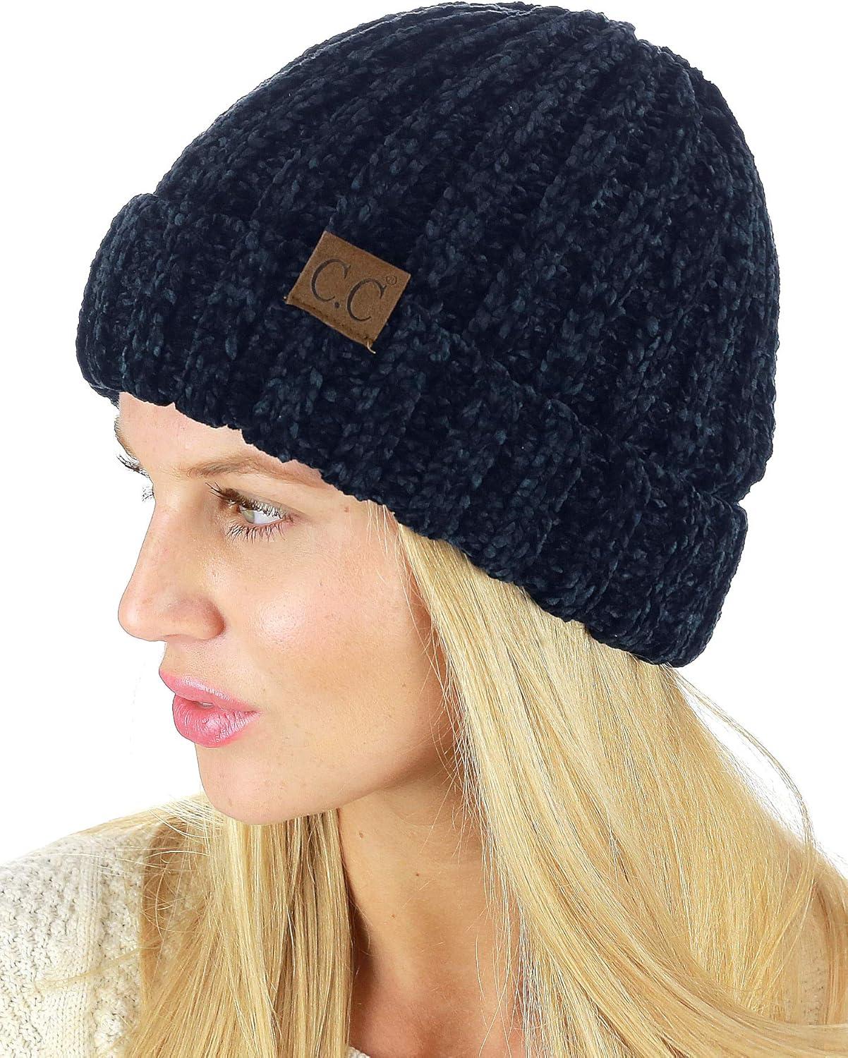 imageCC Unisex Chenille Soft Warm Stretchy Thick Cuffed Knit Beanie Cap HatNavy