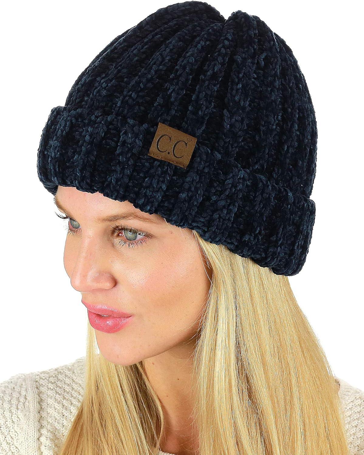 imageCC Unisex Chenille Soft Warm Stretchy Thick Cuffed Knit Beanie Cap HatNavy
