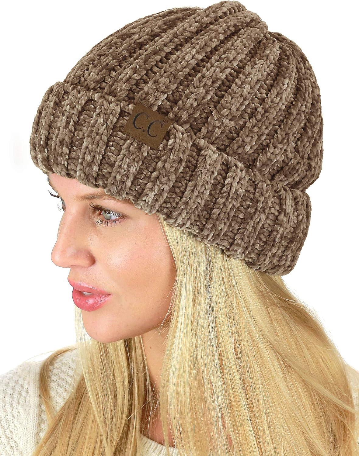 imageCC Unisex Chenille Soft Warm Stretchy Thick Cuffed Knit Beanie Cap HatTaupe