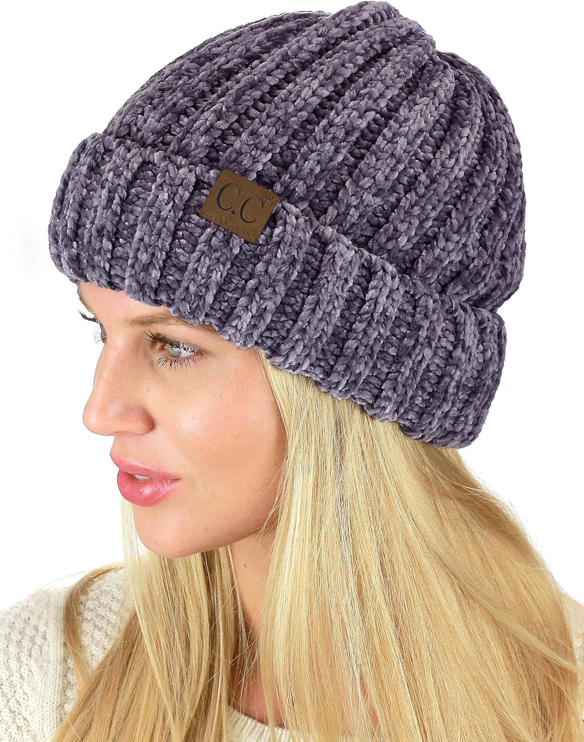 imageCC Unisex Chenille Soft Warm Stretchy Thick Cuffed Knit Beanie Cap HatViolet