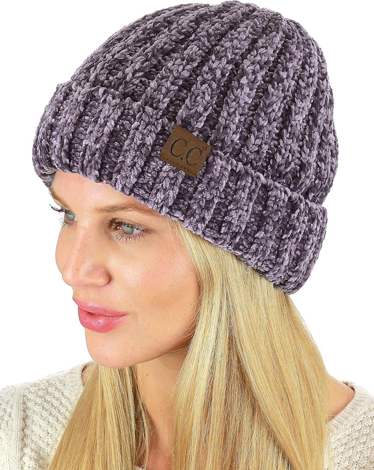 imageCC Unisex Chenille Soft Warm Stretchy Thick Cuffed Knit Beanie Cap HatViolet