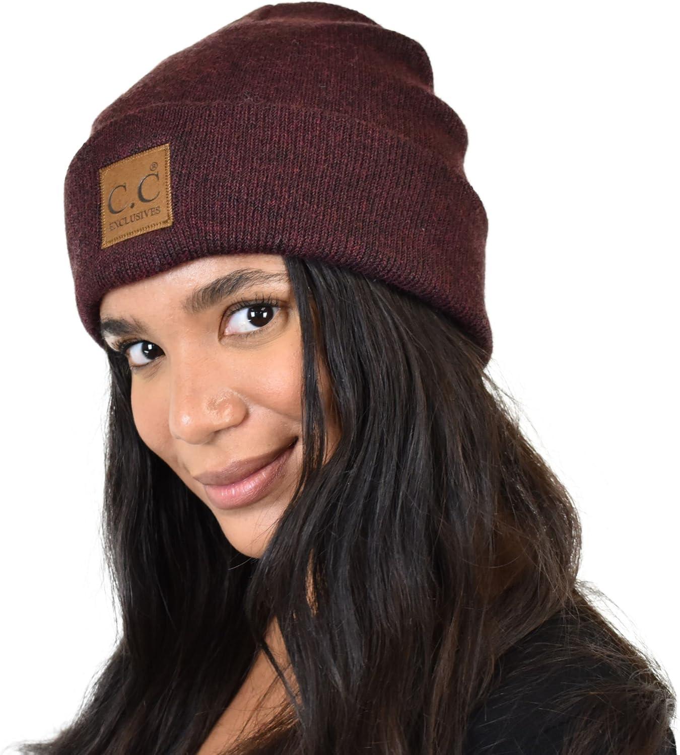 imageCC Unisex Soft Warm Acrylic Knit Cuffed Recycled Yarn BeanieHeather Wine