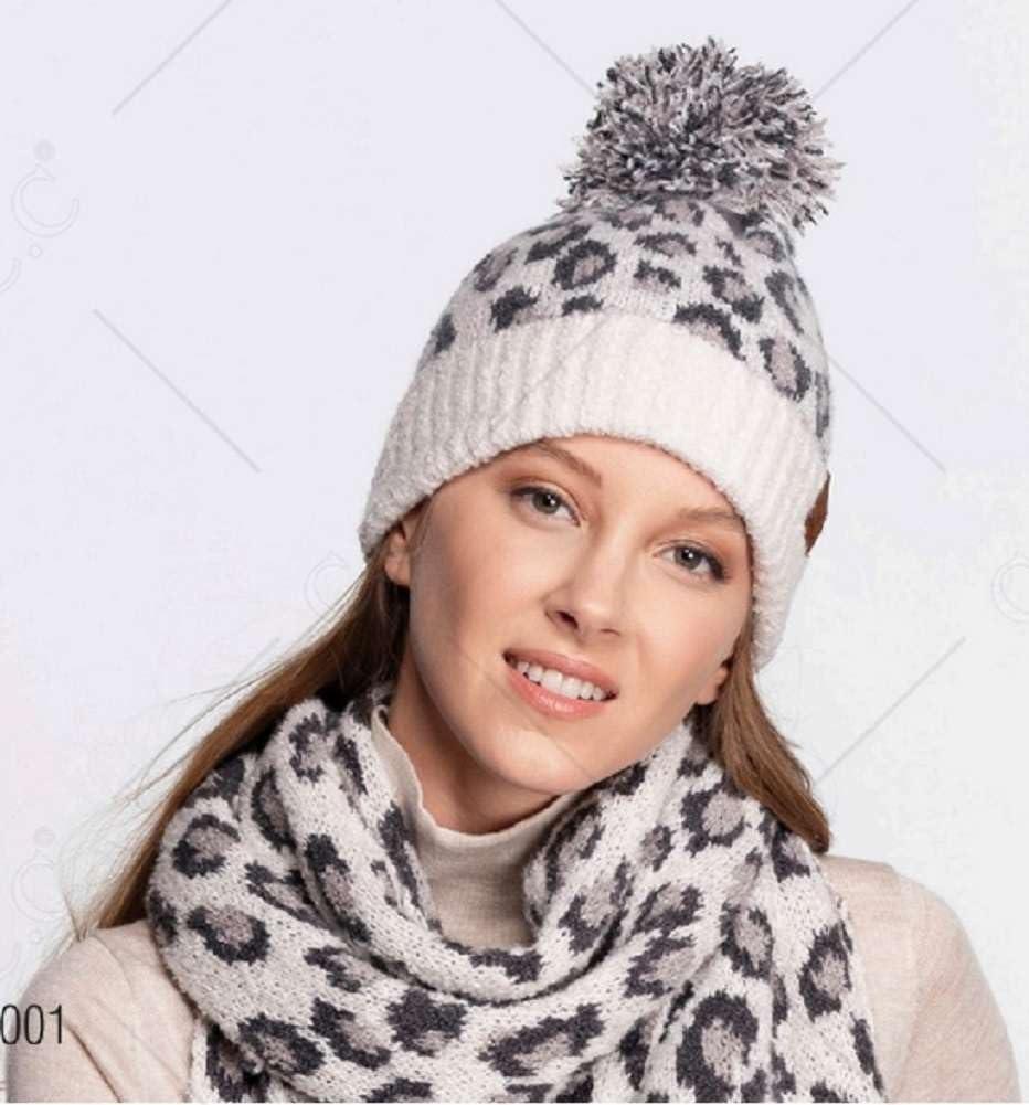 imageCC Unisex Warm Soft Knit Pom Beanie HatLeopard Print Light Melange Gray