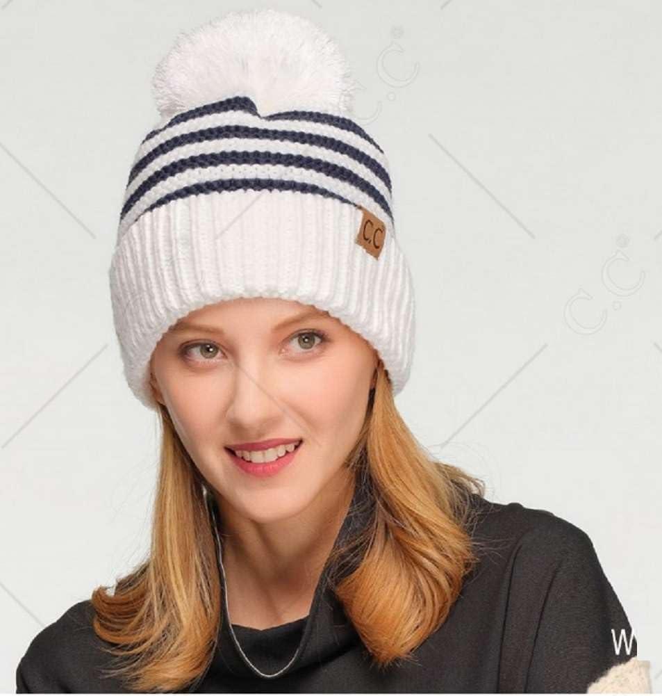 imageCC Unisex Warm Soft Knit Pom Beanie HatStriped Black