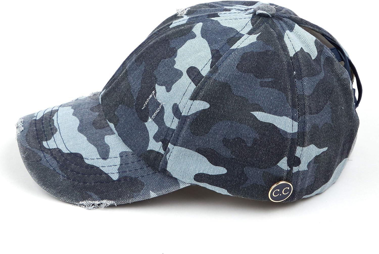 imageCC Washed Denim CrissCross Ponytail Cap Epoxy Button for face mask Face Mask not Included BT799Blue Camo