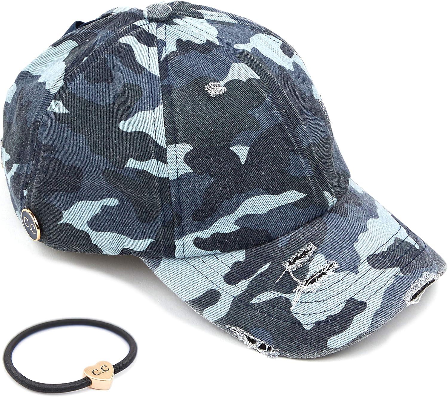imageCC Washed Denim CrissCross Ponytail Cap Epoxy Button for face mask Face Mask not Included BT799Blue Camo