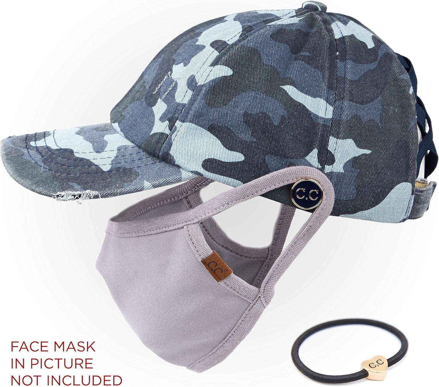 imageCC Washed Denim CrissCross Ponytail Cap Epoxy Button for face mask Face Mask not Included BT799Blue Camo
