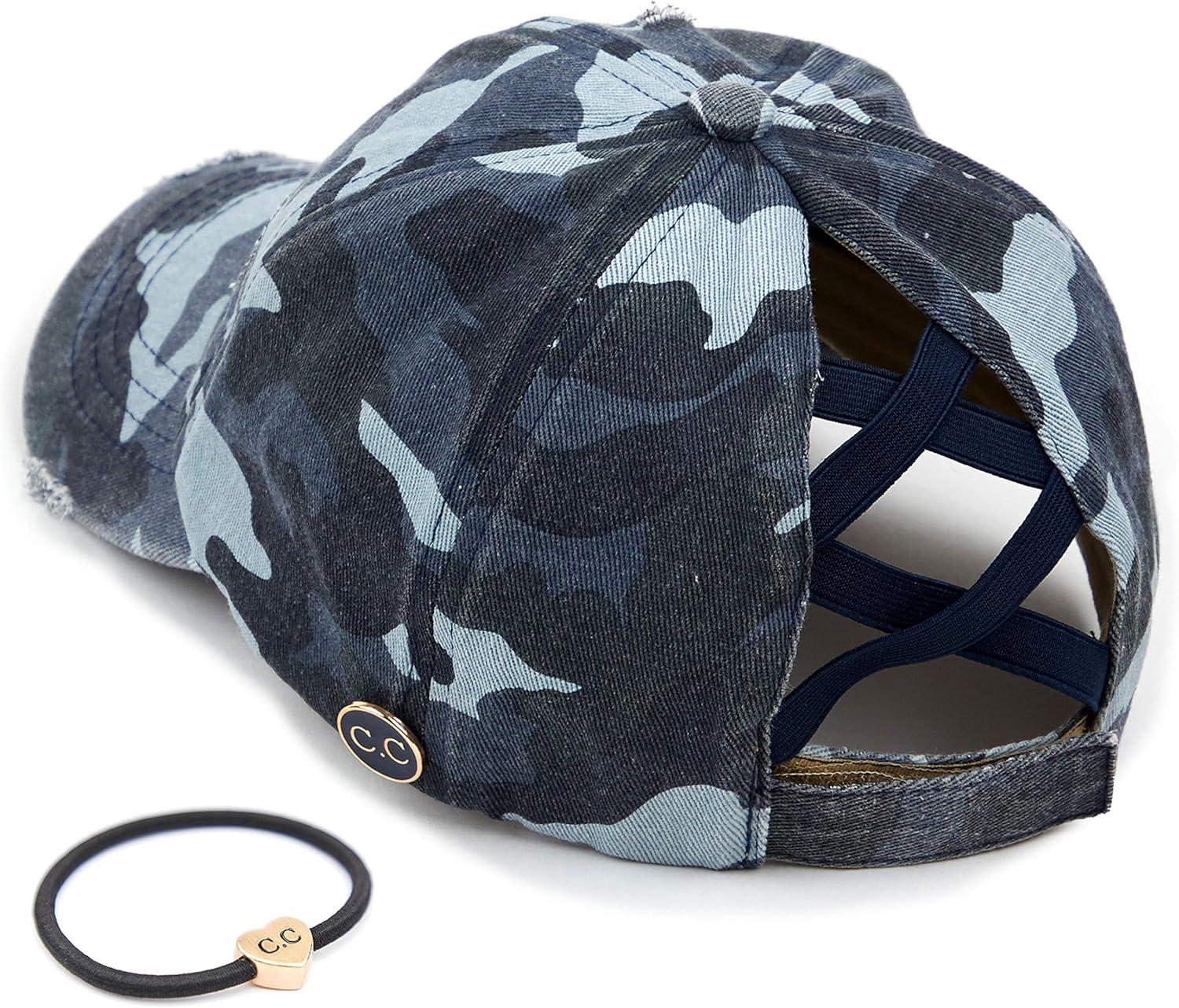 imageCC Washed Denim CrissCross Ponytail Cap Epoxy Button for face mask Face Mask not Included BT799Blue Camo