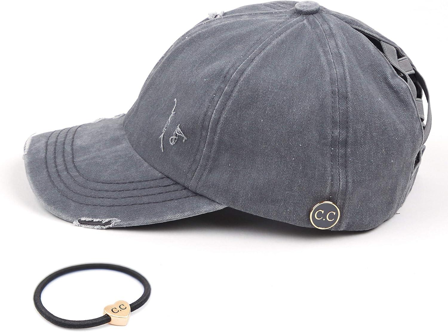 imageCC Washed Denim CrissCross Ponytail Cap Epoxy Button for face mask Face Mask not Included BT799Grey