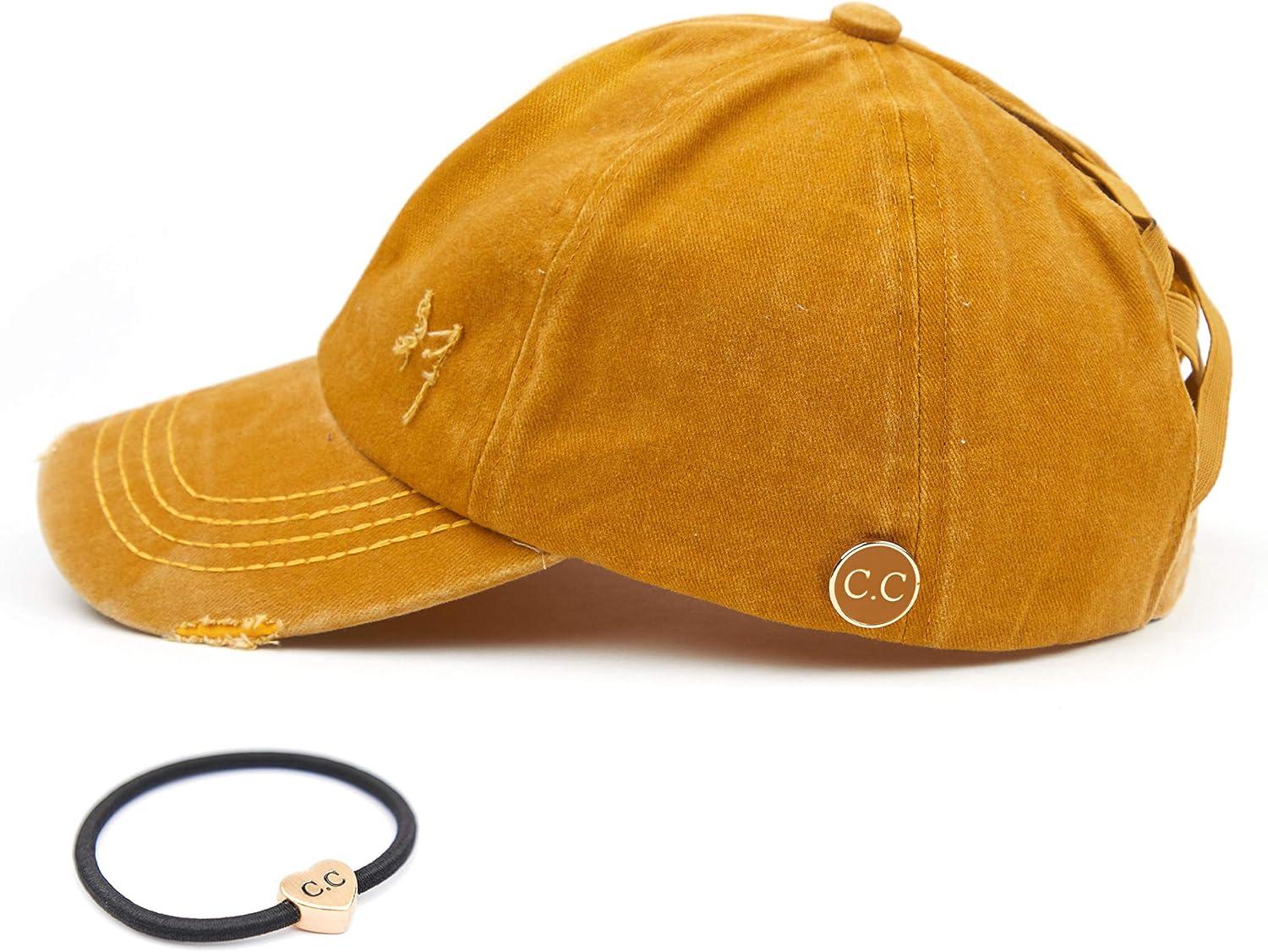 imageCC Washed Denim CrissCross Ponytail Cap Epoxy Button for face mask Face Mask not Included BT799Mustard