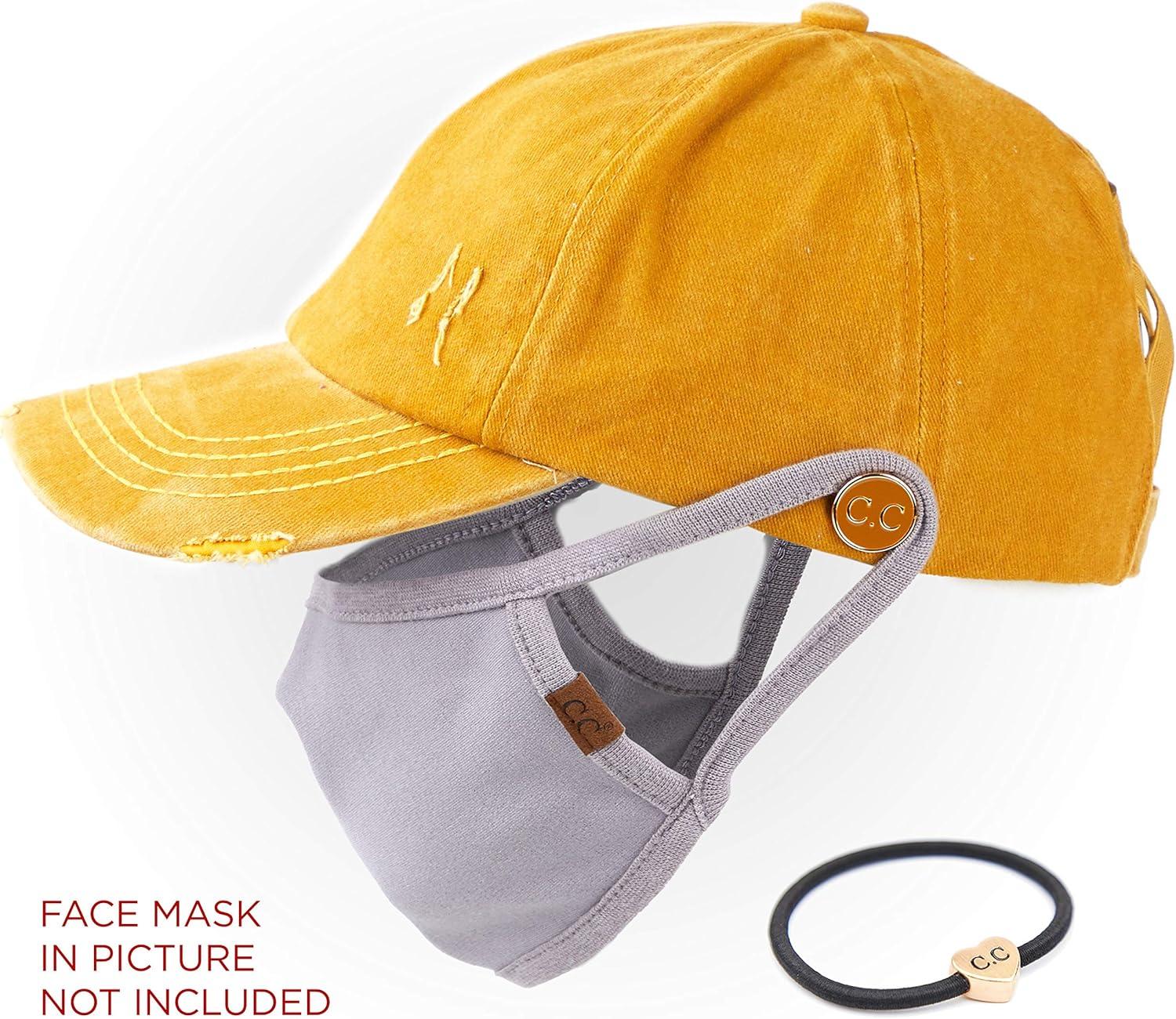 imageCC Washed Denim CrissCross Ponytail Cap Epoxy Button for face mask Face Mask not Included BT799Mustard