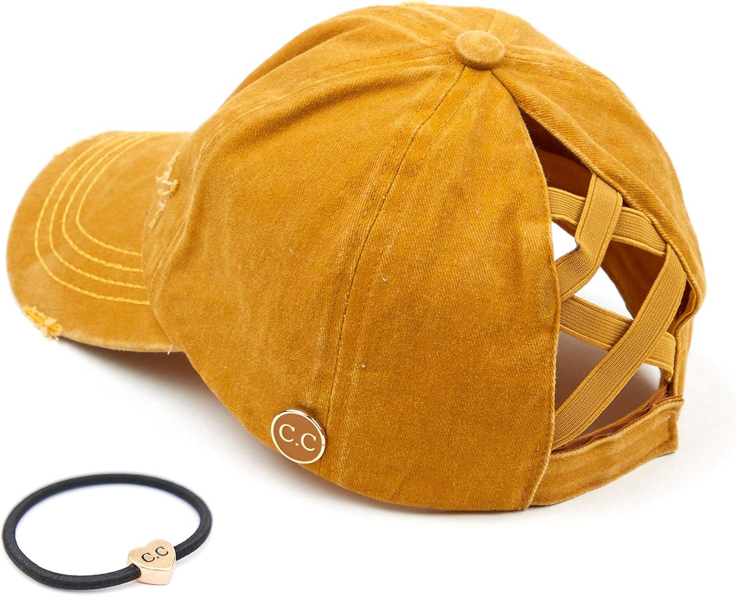 imageCC Washed Denim CrissCross Ponytail Cap Epoxy Button for face mask Face Mask not Included BT799Mustard