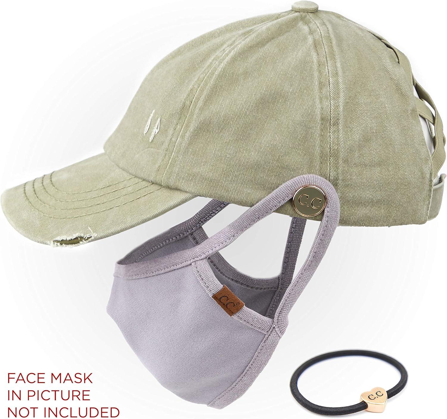 imageCC Washed Denim CrissCross Ponytail Cap Epoxy Button for face mask Face Mask not Included BT799Olive