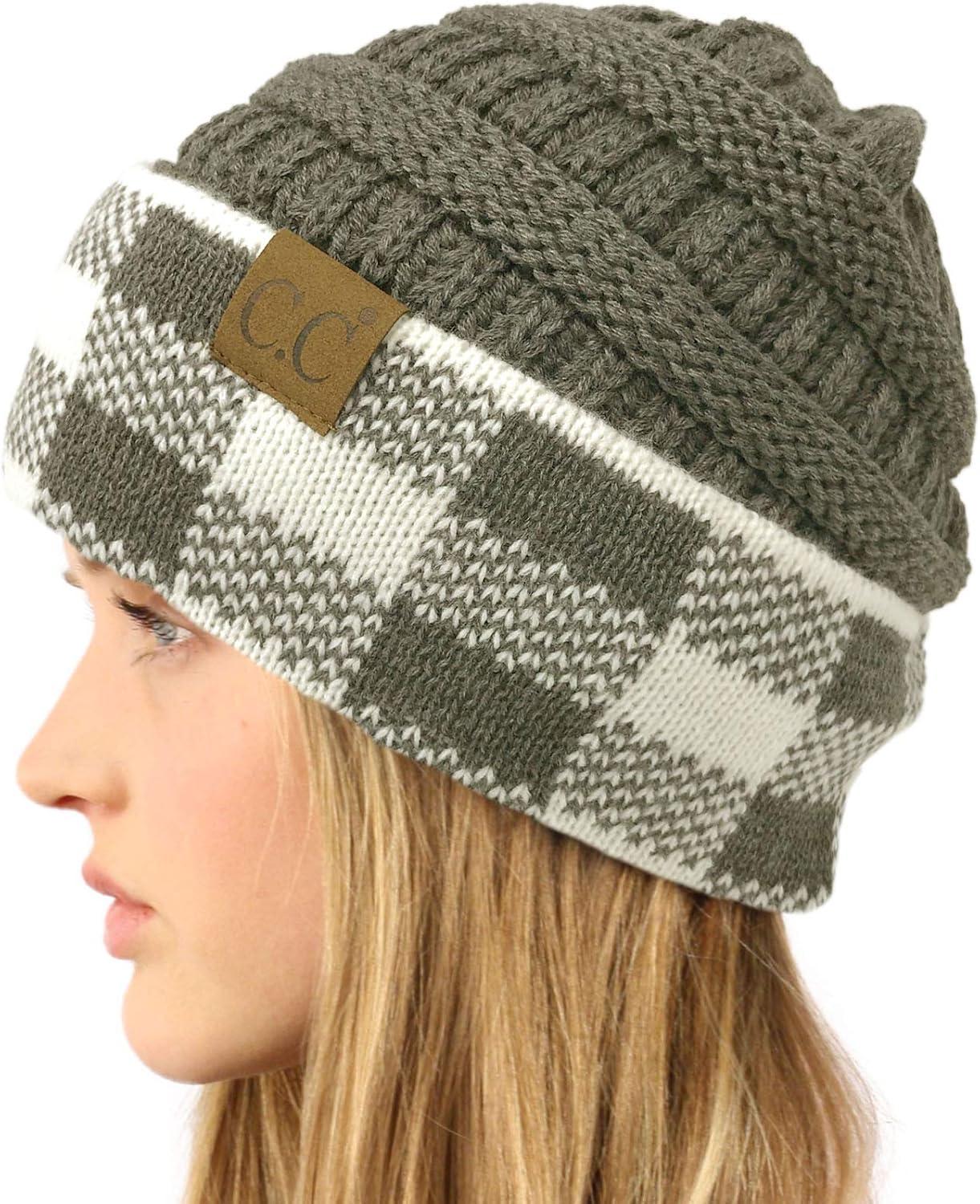 imageCC Winter Fall Trendy Chunky Stretchy Cable Knit Beanie HatBuffalo Plaid Dk Melange GrayWhite