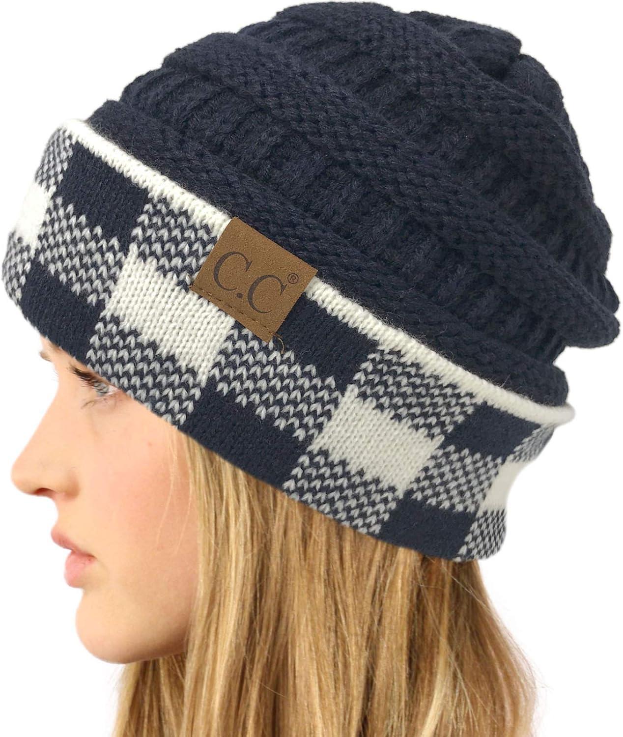 imageCC Winter Fall Trendy Chunky Stretchy Cable Knit Beanie HatBuffalo Plaid NavyWhite