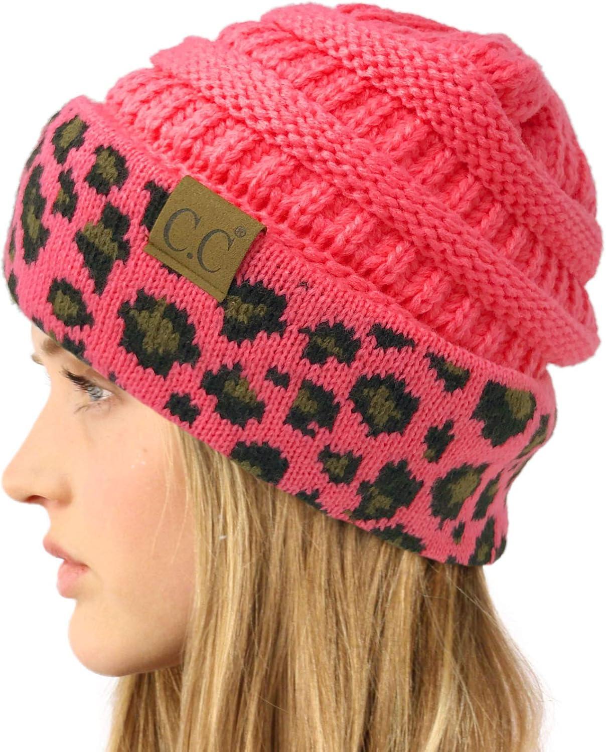 imageCC Winter Fall Trendy Chunky Stretchy Cable Knit Beanie HatLeopard New Candy Pink