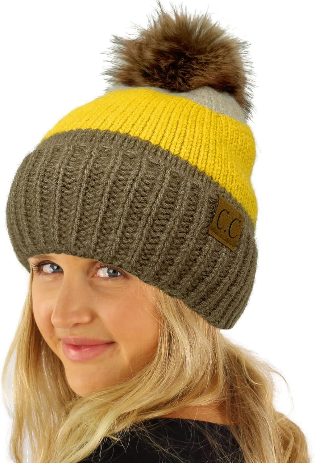 imageCC Winter Sherpa Fleeced Lined Chunky Knit Stretch Pom Pom Beanie Hat Cap Block Stripe Mustard One Size