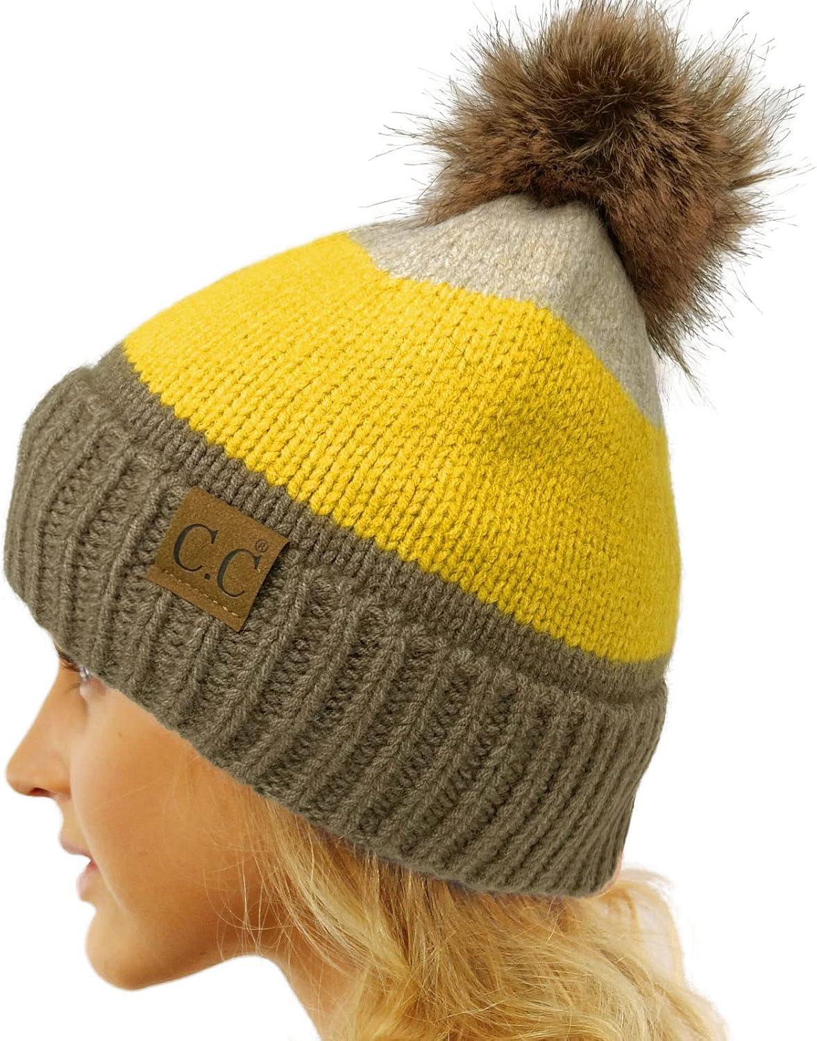 imageCC Winter Sherpa Fleeced Lined Chunky Knit Stretch Pom Pom Beanie Hat Cap Block Stripe Mustard One Size