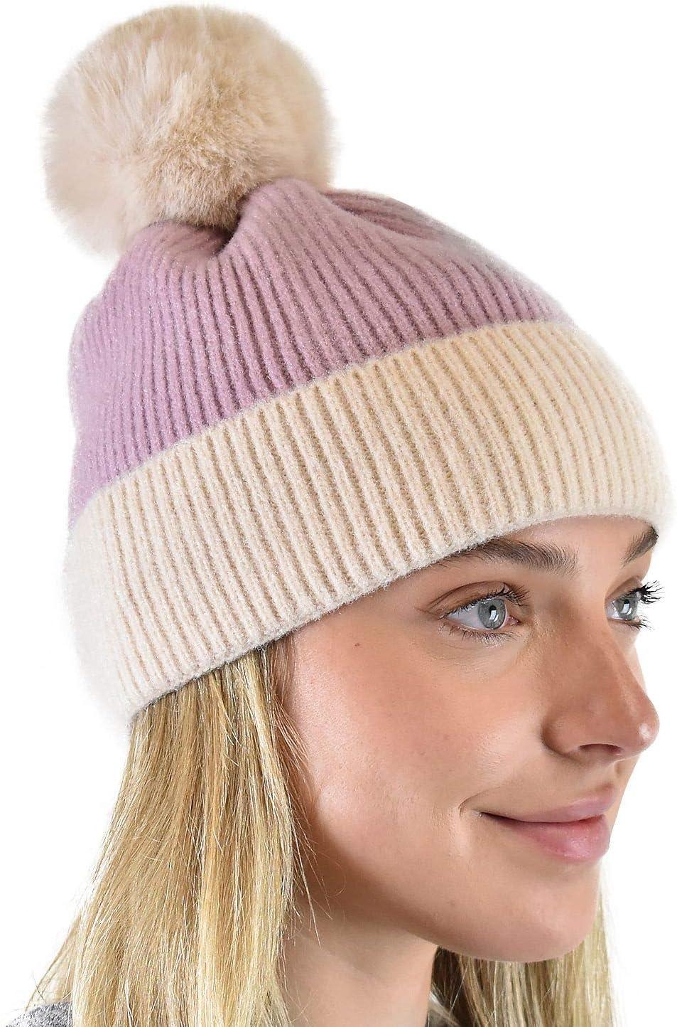imageCC Winter Solid Dual Color Ribbed Knit Pom Cuff Beanie HatLavender