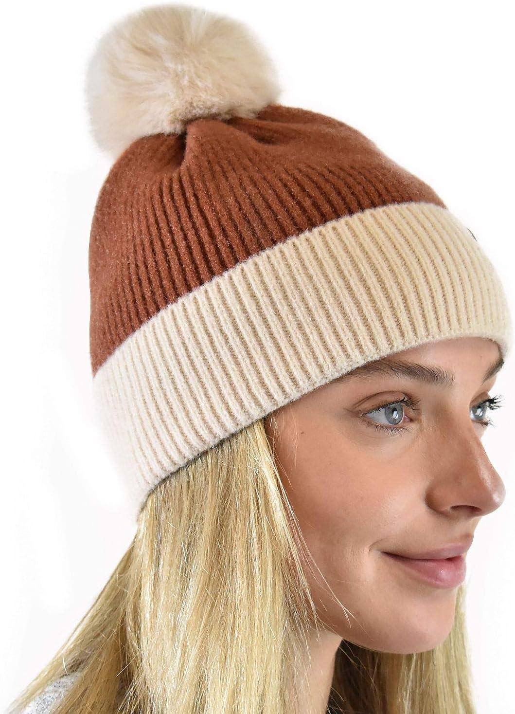 imageCC Winter Solid Dual Color Ribbed Knit Pom Cuff Beanie HatRust