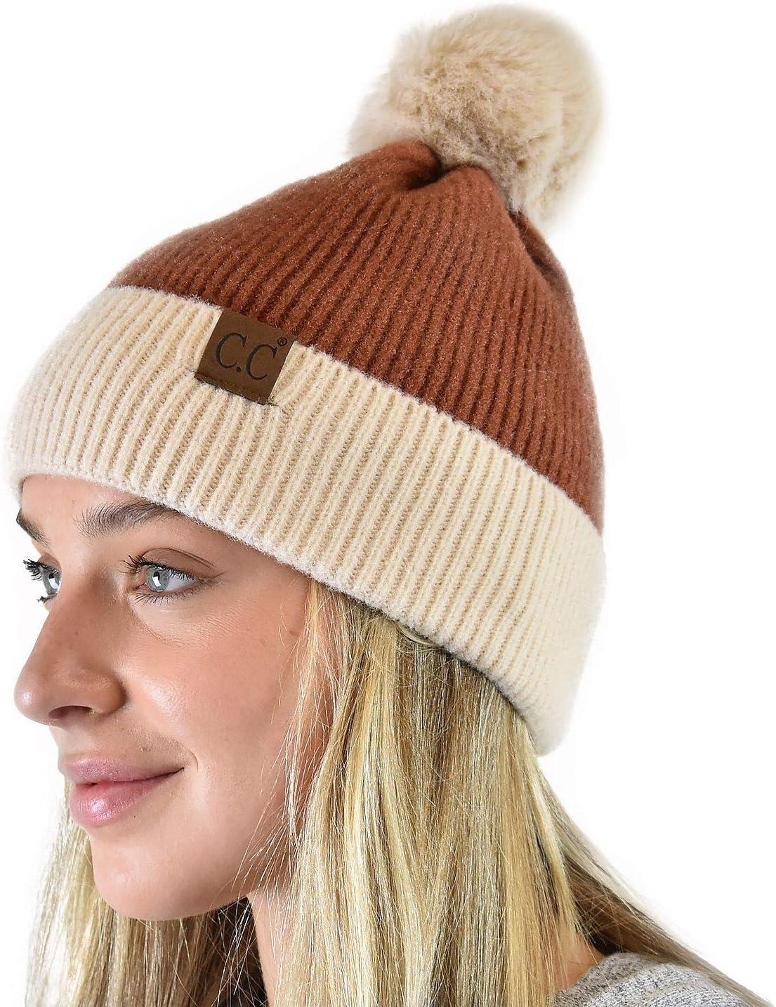 imageCC Winter Solid Dual Color Ribbed Knit Pom Cuff Beanie HatRust