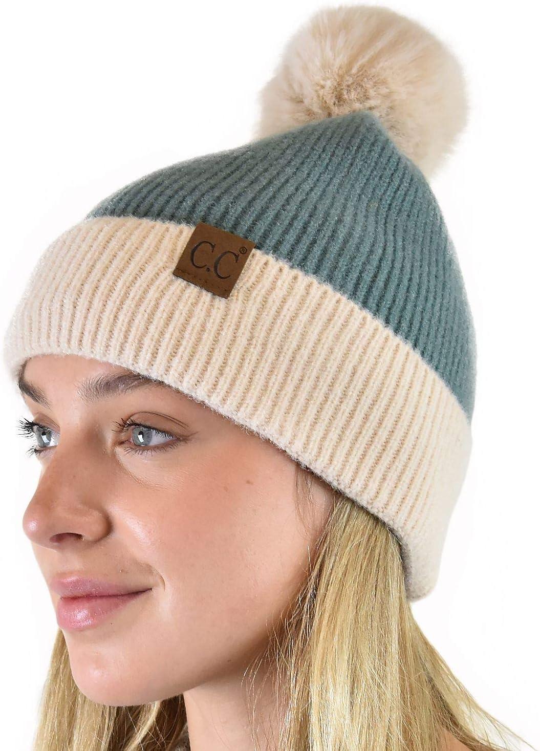 imageCC Winter Solid Dual Color Ribbed Knit Pom Cuff Beanie HatSteel Blue