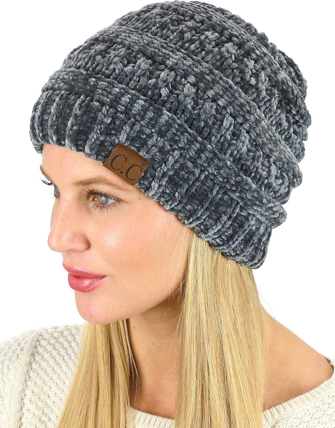 imageCC Womens Chenille Soft Warm Thick Knit Beanie Cap HatLight Mel Grey