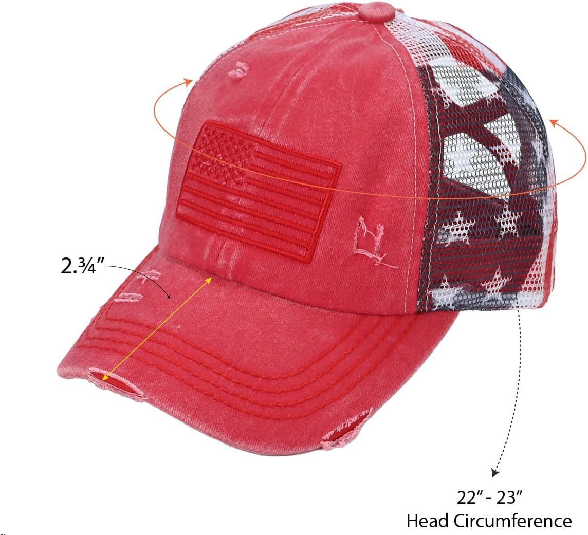 imageCC Womens CrissCross Ponytail Baseball Cap  Embroidered Cotton Front American Flag Mesh Back Adjustable VelcroRed