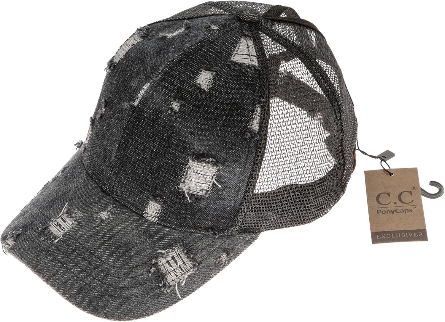 imageCC Womens Distressed Denim Trucker Hat with Ponytail Opening  Messy Bun Friendly Baseball Cap with Mesh BackBlackamazon