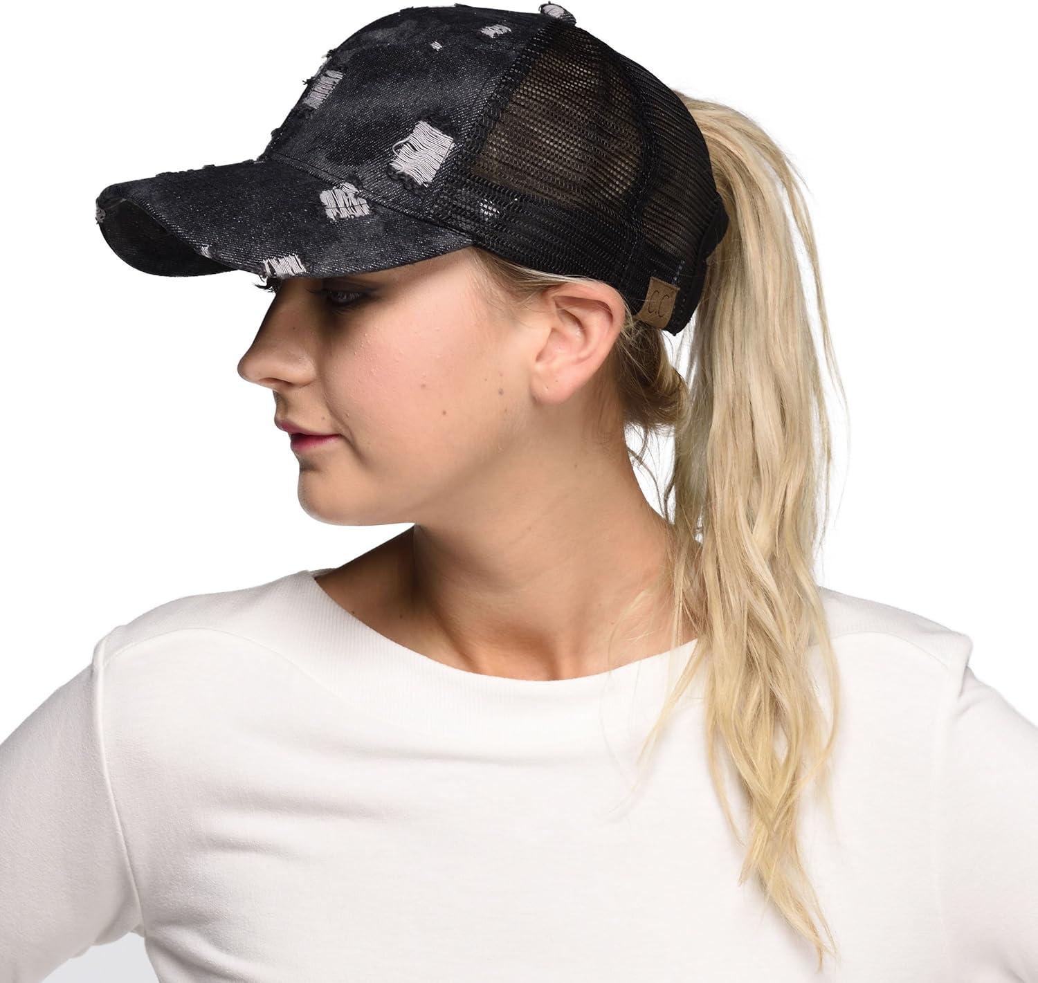 imageCC Womens Distressed Denim Trucker Hat with Ponytail Opening  Messy Bun Friendly Baseball Cap with Mesh BackBlackamazon