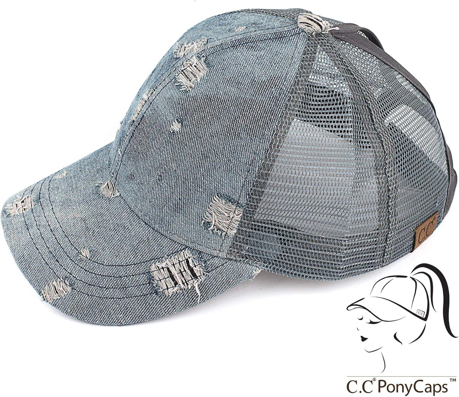 imageCC Womens Distressed Denim Trucker Hat with Ponytail Opening  Messy Bun Friendly Baseball Cap with Mesh BackLt Denim