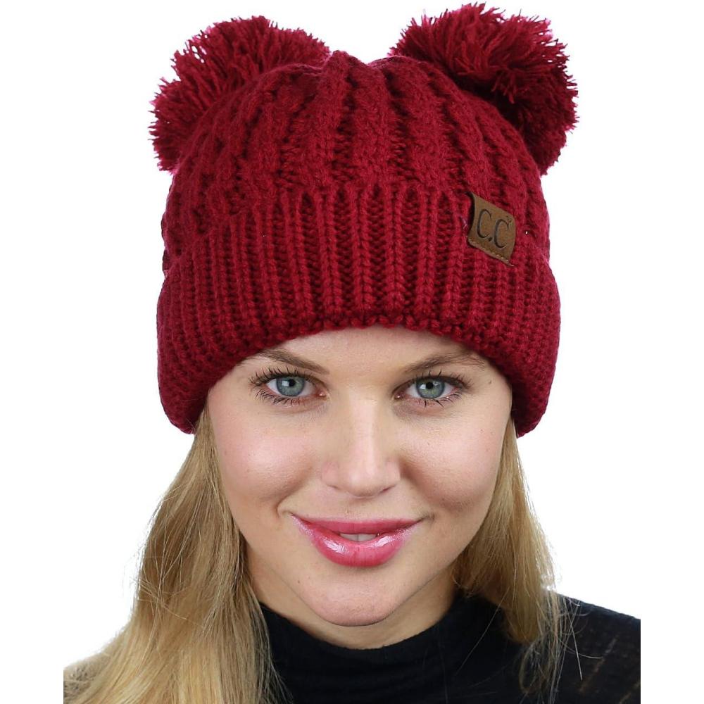 imageCC 2 Ear Pom Pom Cable Knit Soft Stretch Cuff Skully Beanie HatBurgundy