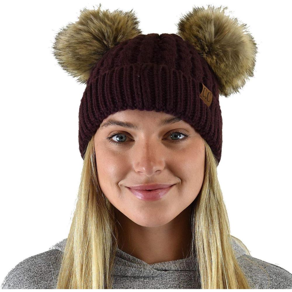 imageCC 2 Ear Pom Pom Cable Knit Soft Stretch Cuff Skully Beanie HatFaux Fur Berry