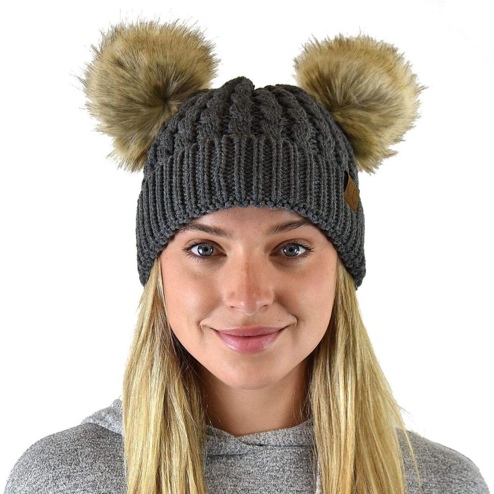 imageCC 2 Ear Pom Pom Cable Knit Soft Stretch Cuff Skully Beanie HatFaux Fur Dark Melange Gray
