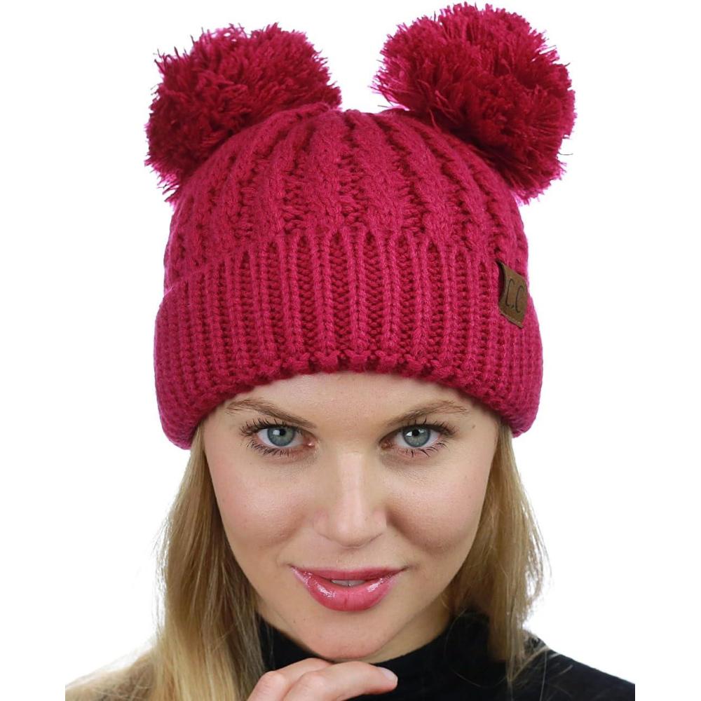 imageCC 2 Ear Pom Pom Cable Knit Soft Stretch Cuff Skully Beanie HatHot Pink