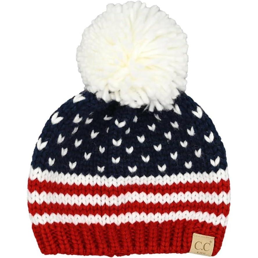 imageCC American Beanie with Iceland Wool Pom for Women Unisex Soft Warm with Iceland Pom Knit Winter Skully HatAmerican Flag  Kids