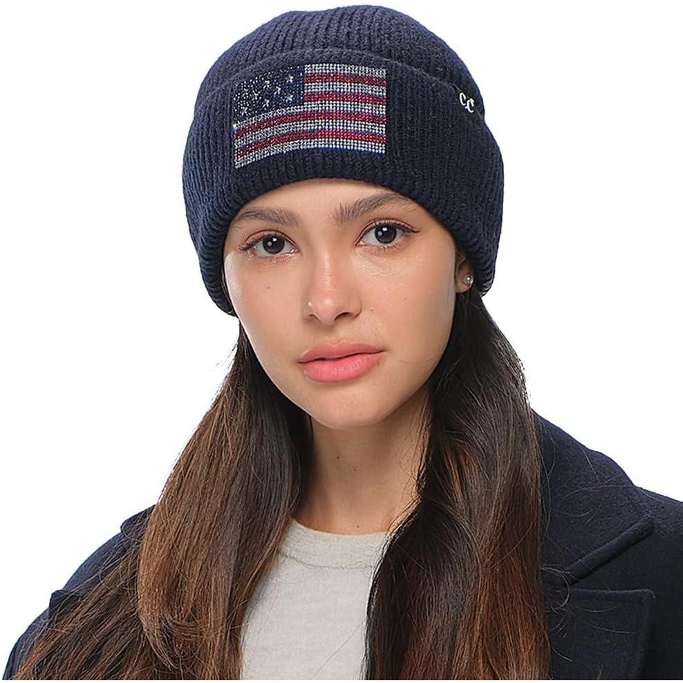 imageCC American Flag Rhinestone Beanie for Women Unisex  Sustainable Recycled Yarn Stretchable Soft Warm Knit Winter Skully HatAmerican Flagnavy