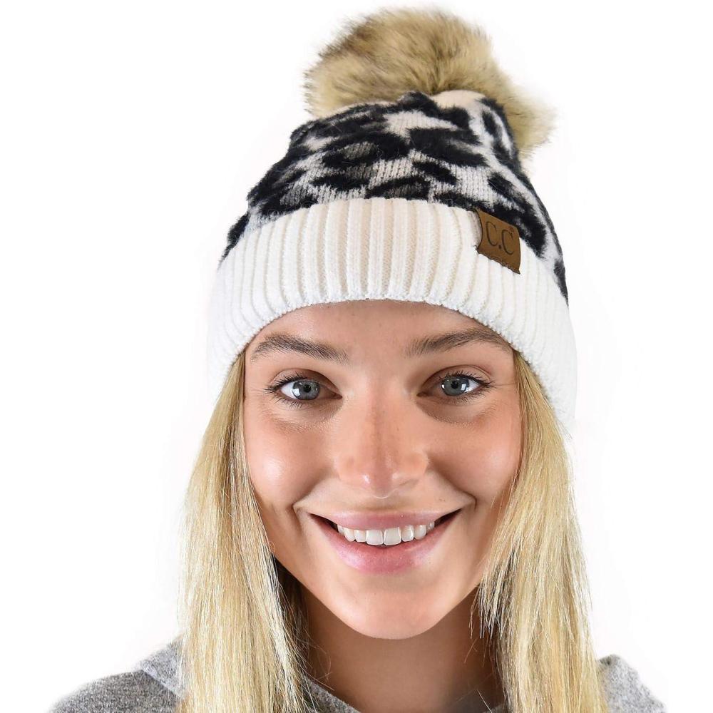imageCC Animal Print Soft Warm Knit Cuff Faux Fur Pom BeanieIvory