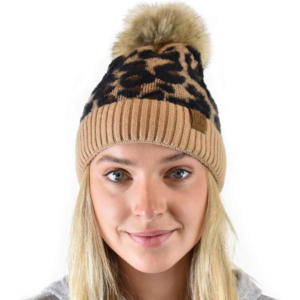 imageCC Animal Print Soft Warm Knit Cuff Faux Fur Pom BeanieLatte