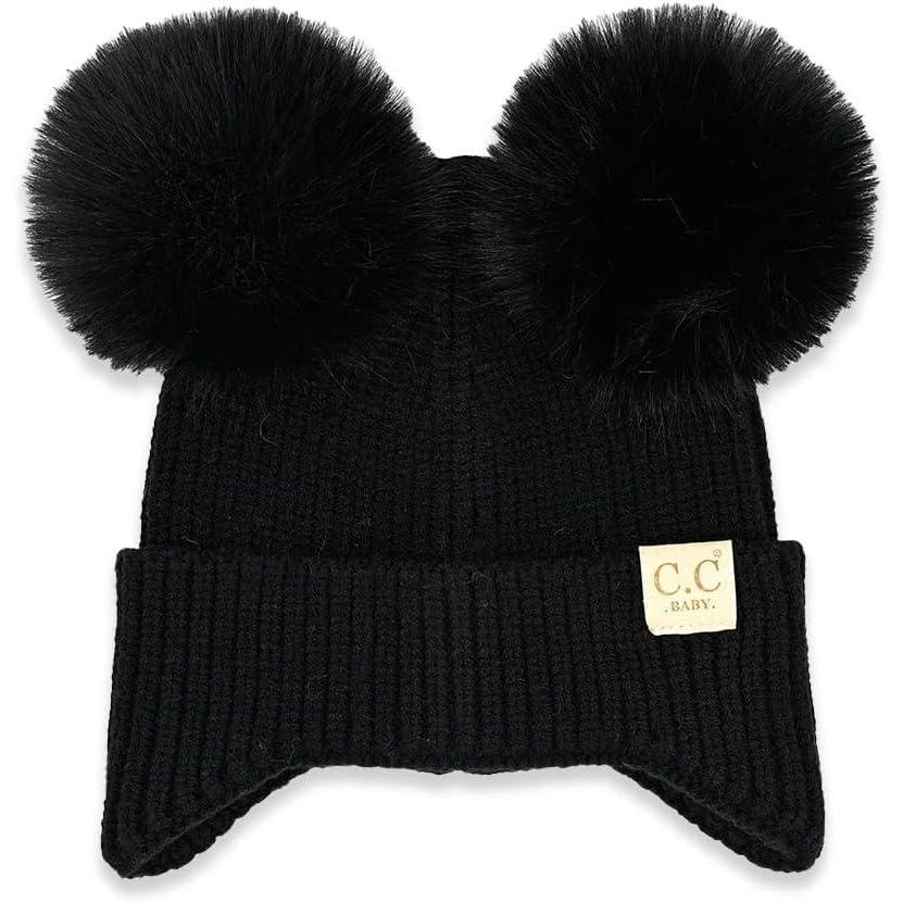 imageCC Baby Double Fur Pom Pom Beanie with Ear Flap for Boys Girls  Comfortable Soft Warm Infant Toddler Baby Knit Skully HatBlack