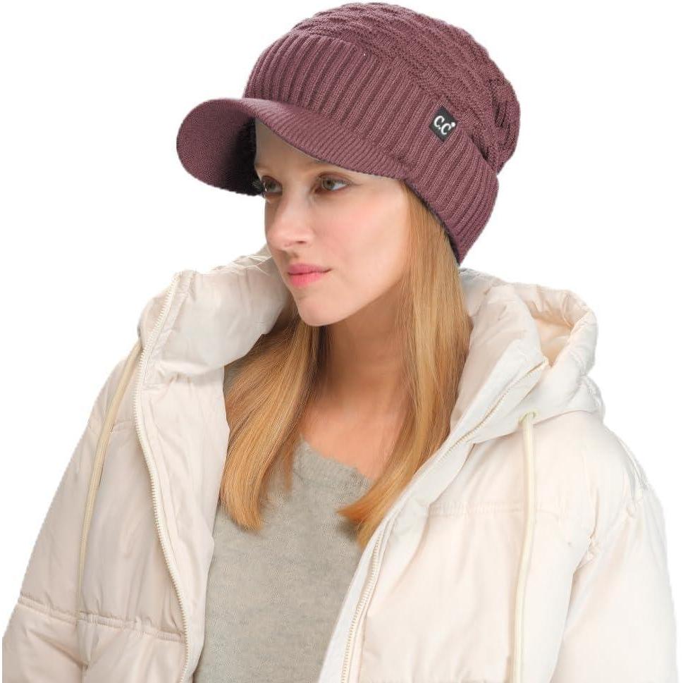 imageCC Beanie Fuzzy Fleece Lining Warm Oversized Chunky Soft Stretchy Ribbed Slouchy Knit Hat with Visor BrimCoco Berry