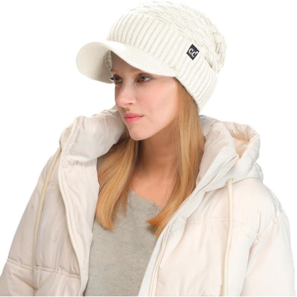 imageCC Beanie Fuzzy Fleece Lining Warm Oversized Chunky Soft Stretchy Ribbed Slouchy Knit Hat with Visor BrimIvory  Off White