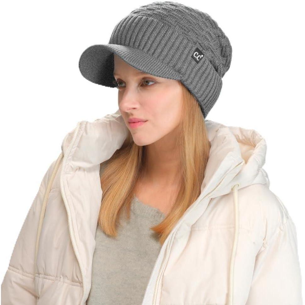 imageCC Beanie Fuzzy Fleece Lining Warm Oversized Chunky Soft Stretchy Ribbed Slouchy Knit Hat with Visor BrimLight Melange Grey