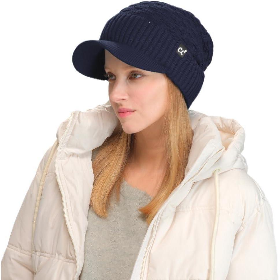 imageCC Beanie Fuzzy Fleece Lining Warm Oversized Chunky Soft Stretchy Ribbed Slouchy Knit Hat with Visor BrimNavy Blue