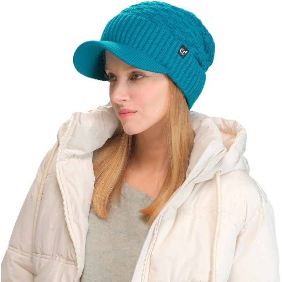 imageCC Beanie Fuzzy Fleece Lining Warm Oversized Chunky Soft Stretchy Ribbed Slouchy Knit Hat with Visor BrimTeal Blue