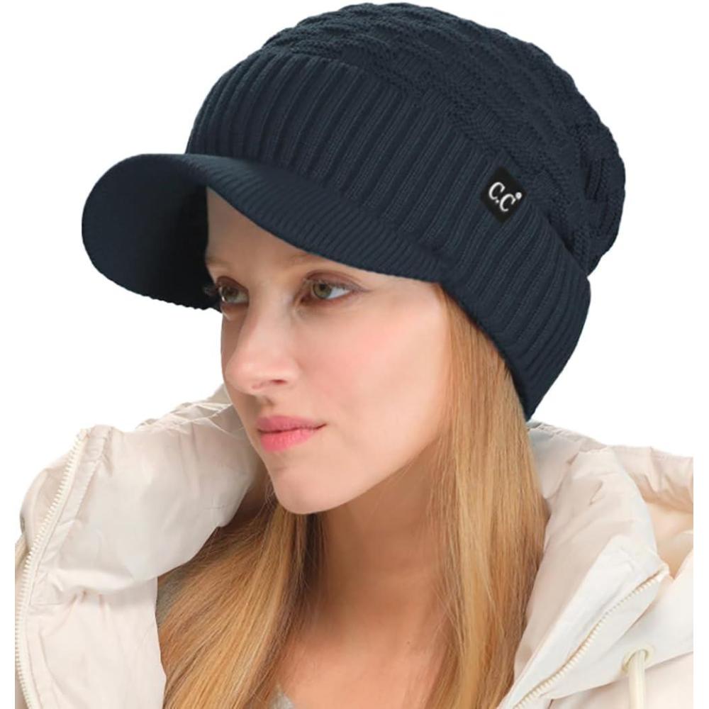 imageCC Beanie Fuzzy Fleece Lining Warm Oversized Chunky Soft Stretchy Ribbed Slouchy Knit Hat with Visor BrimTeal Grey