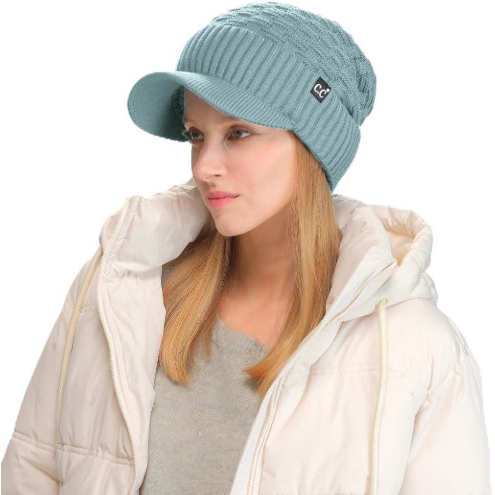 imageCC Beanie Fuzzy Fleece Lining Warm Oversized Chunky Soft Stretchy Ribbed Slouchy Knit Hat with Visor BrimWinter Mint