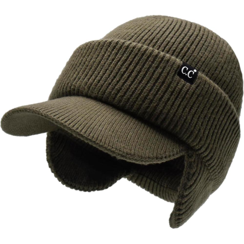 imageCC Beanie Strechy Snug Fit Soft Knit Hat with Visor Brim ampamp Ear Warmer FlapsArmy Green