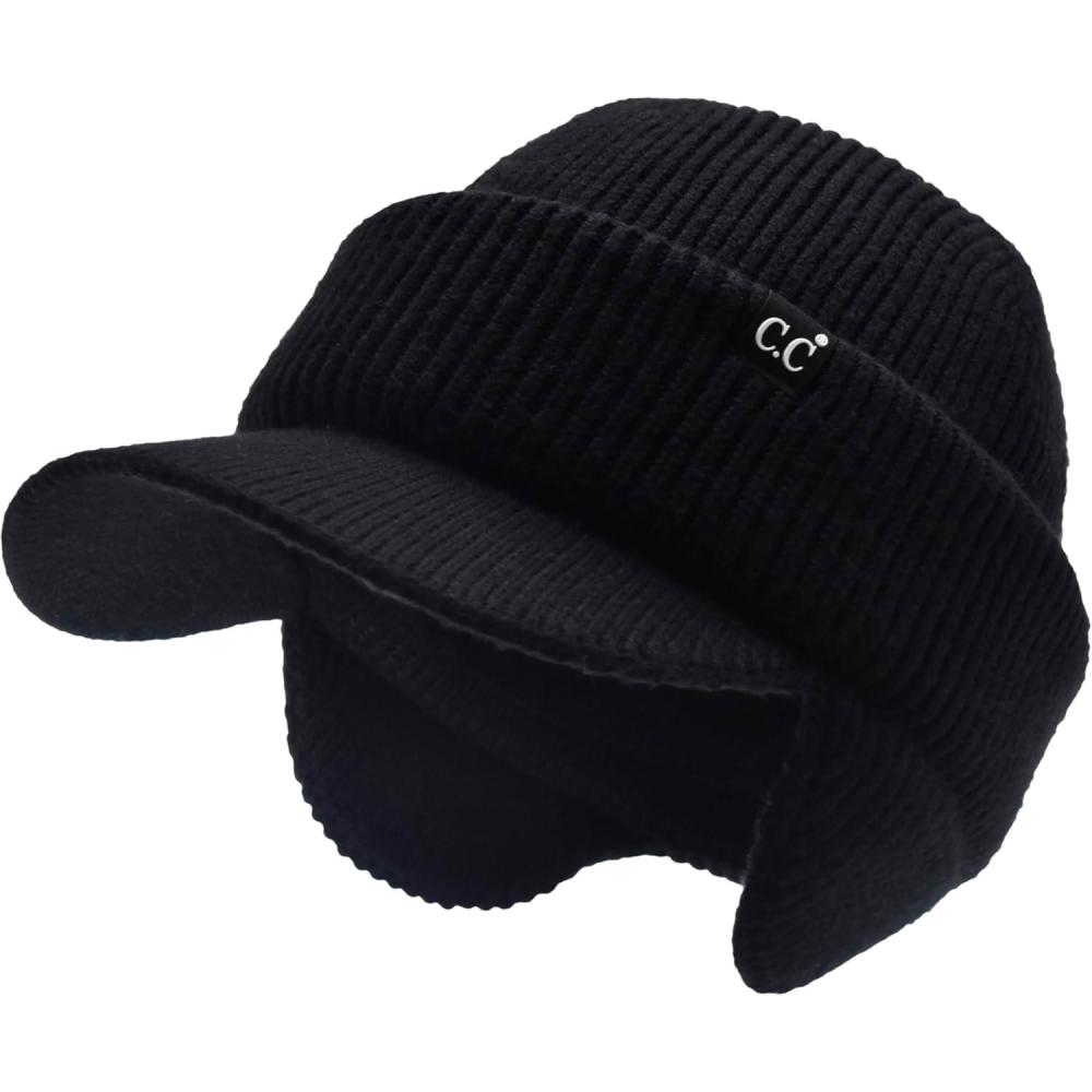 imageCC Beanie Strechy Snug Fit Soft Knit Hat with Visor Brim ampamp Ear Warmer FlapsBlack