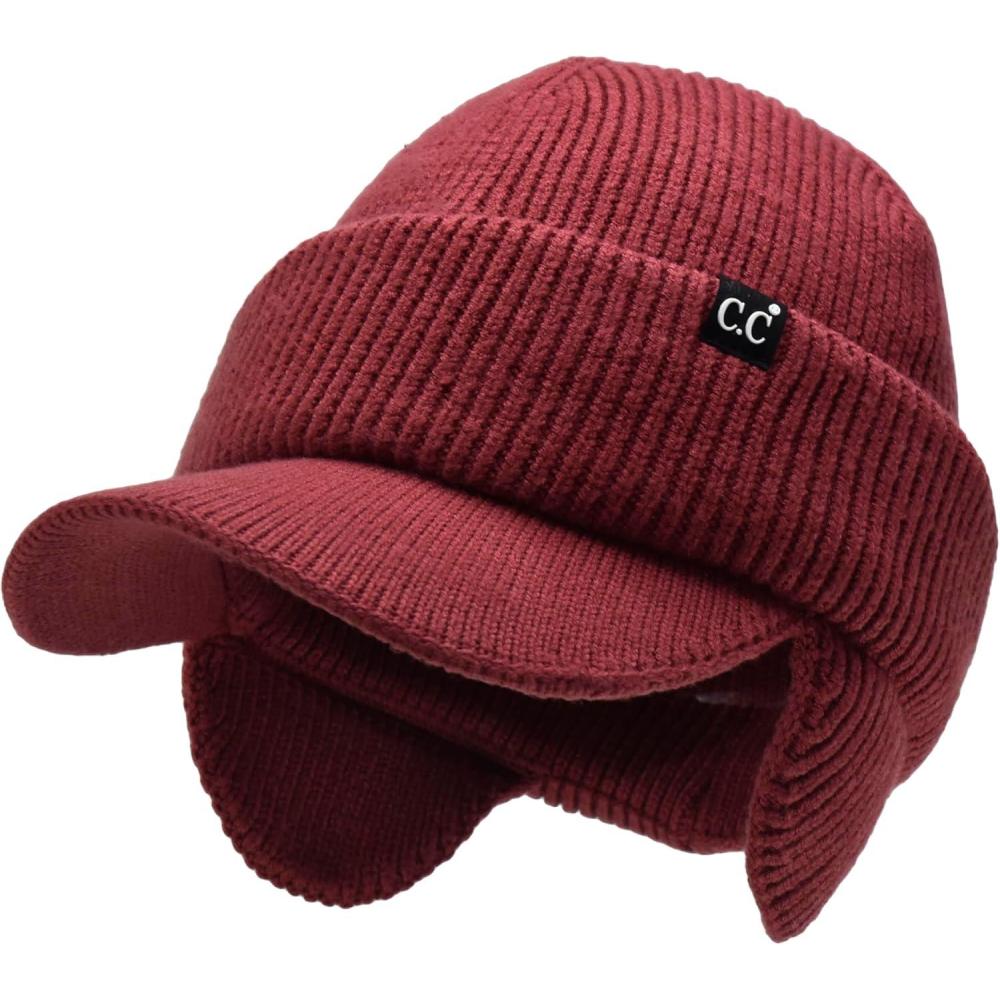 imageCC Beanie Strechy Snug Fit Soft Knit Hat with Visor Brim ampamp Ear Warmer FlapsDeep Cherry Red
